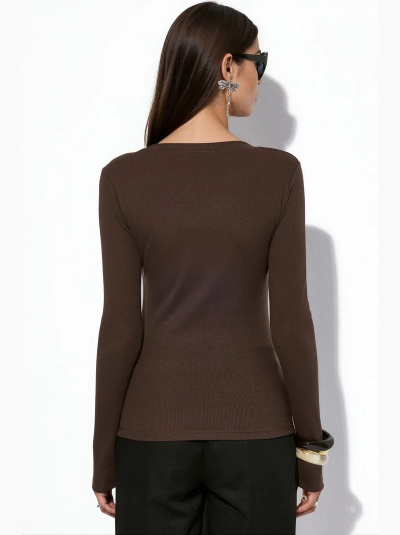 Top de mujer de canalé de manga larga, corte slim busem Marrón chocolate - Kiabi
