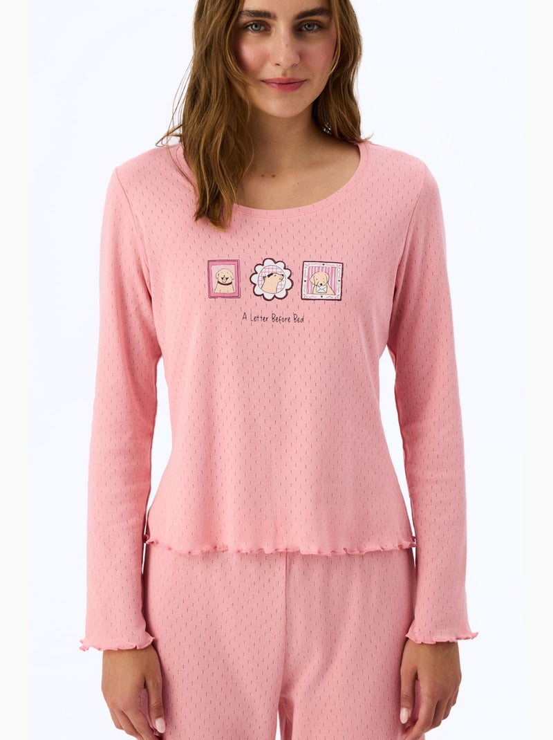 Top de pijama de manga corta con estampado slogan en pointelle penti Rosa viejo - Kiabi