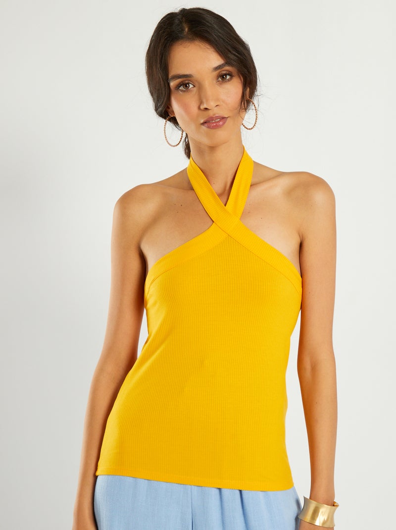 Top de punto canalé con cuello cruzado AMARILLO - Kiabi