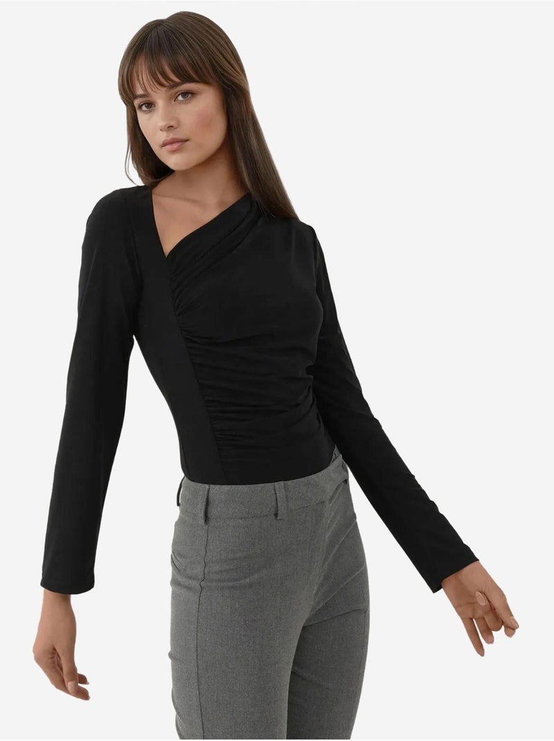Top de punto de manga larga con cuello asimétrico Negro - Kiabi