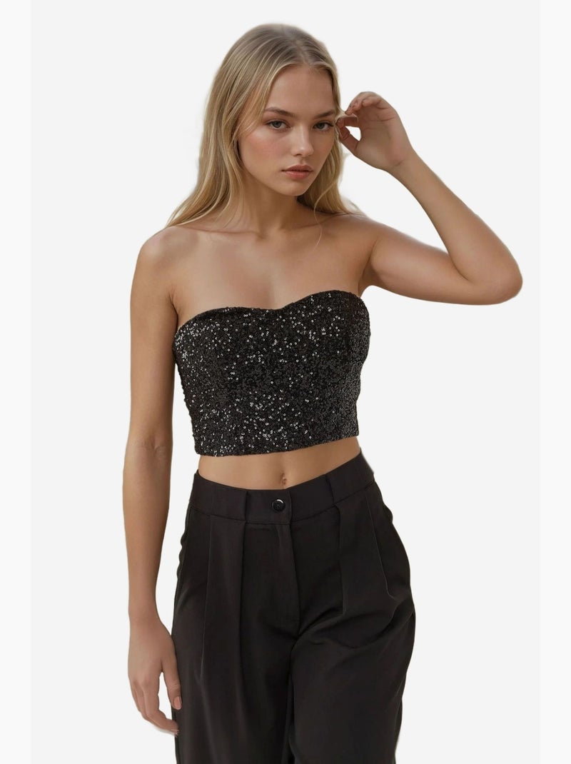 Top de tirantes cuello corazón con lentejuelas corto hiccup Negro - Kiabi