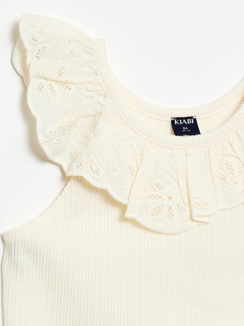 Top de tirantes de canalé con cuello bordado Beige - Kiabi