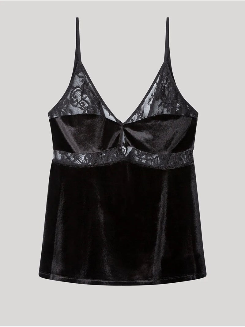 Top de tirantes en terciopelo con detalles de encaje Negro - Kiabi