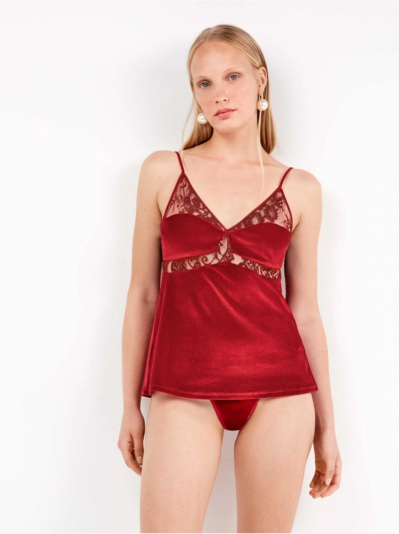 Top de tirantes en terciopelo con detalles de encaje Rojo - Kiabi