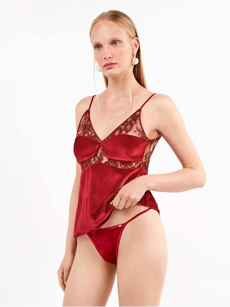 Top de tirantes en terciopelo con detalles de encaje Rojo - Kiabi