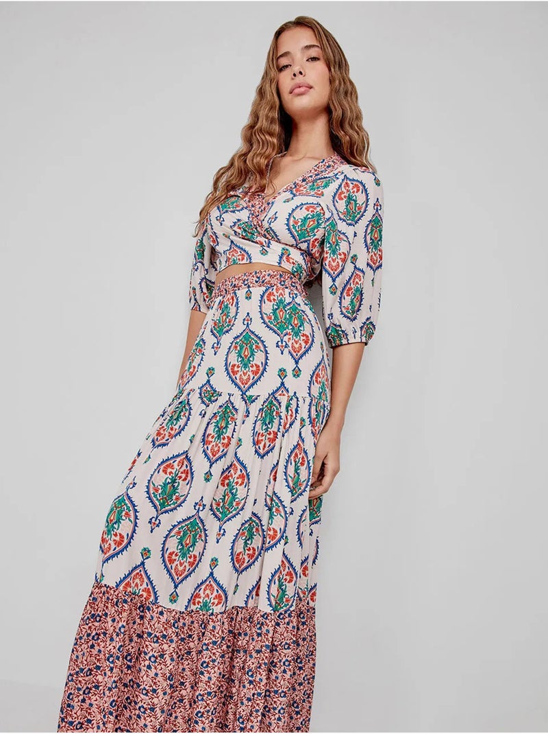 Top estampado, con manga francesa, anudado en cintura Multicolor - Kiabi