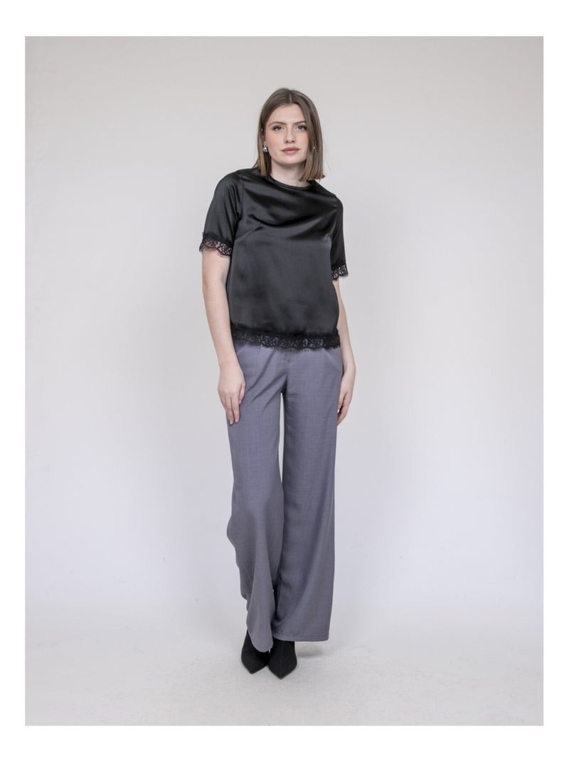 Top satinado con acabado de encaje FERNADA Negro - Kiabi