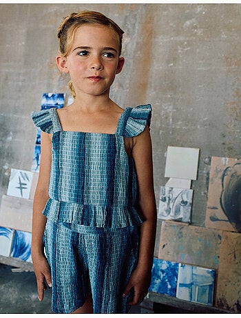 Top sin mangas de algodón a rayas con volantes