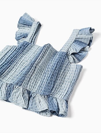 Top sin mangas de algodón a rayas con volantes