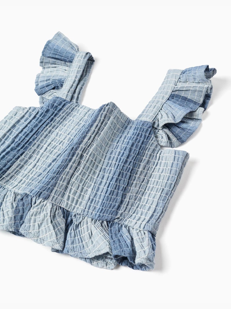 Top sin mangas de algodón a rayas con volantes Azul claro - Kiabi