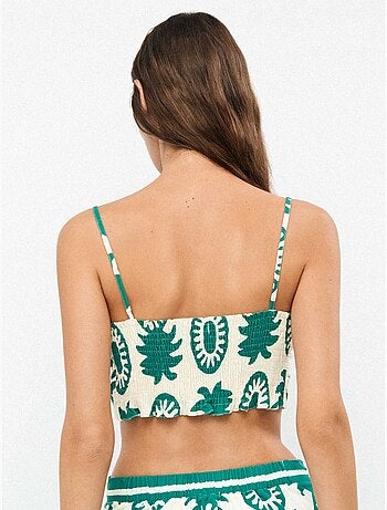 Top tirante fino con lazada en pecho y espalda fruncida, con lino