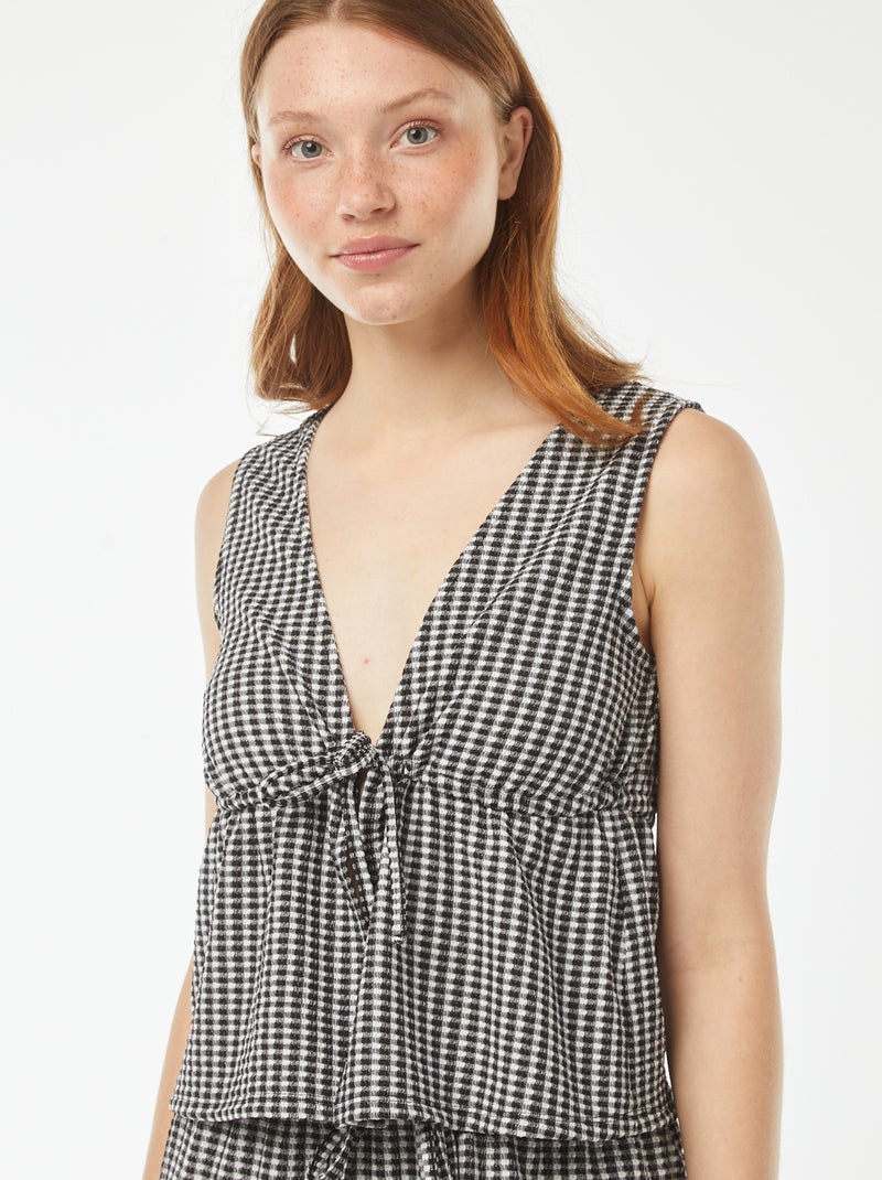 Top vichy corto de punto gofrado Negro - Kiabi