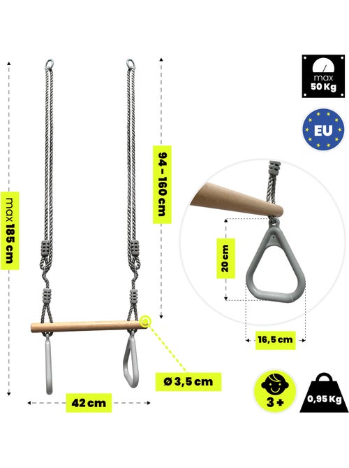 Trapecio de gimnasia infantil HyperMotion con anillas y barra de madera para columpio - Kiabi Trapecio de gimnasia infantil HyperMotion con anillas y barra de madera para columpio - Kiabi