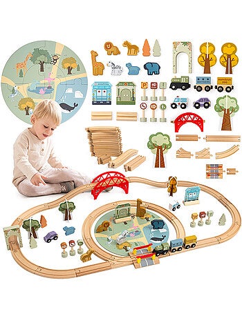 Tren de madera juguete 106x55cm zoo safari puzle vias animales mamabrum