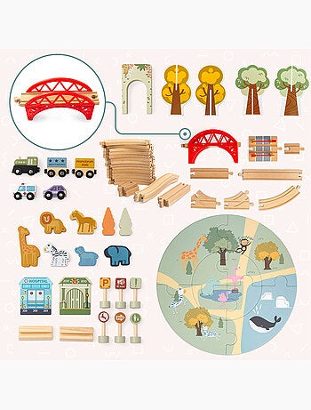 Tren de madera juguete 106x55cm zoo safari puzle vias animales mamabrum