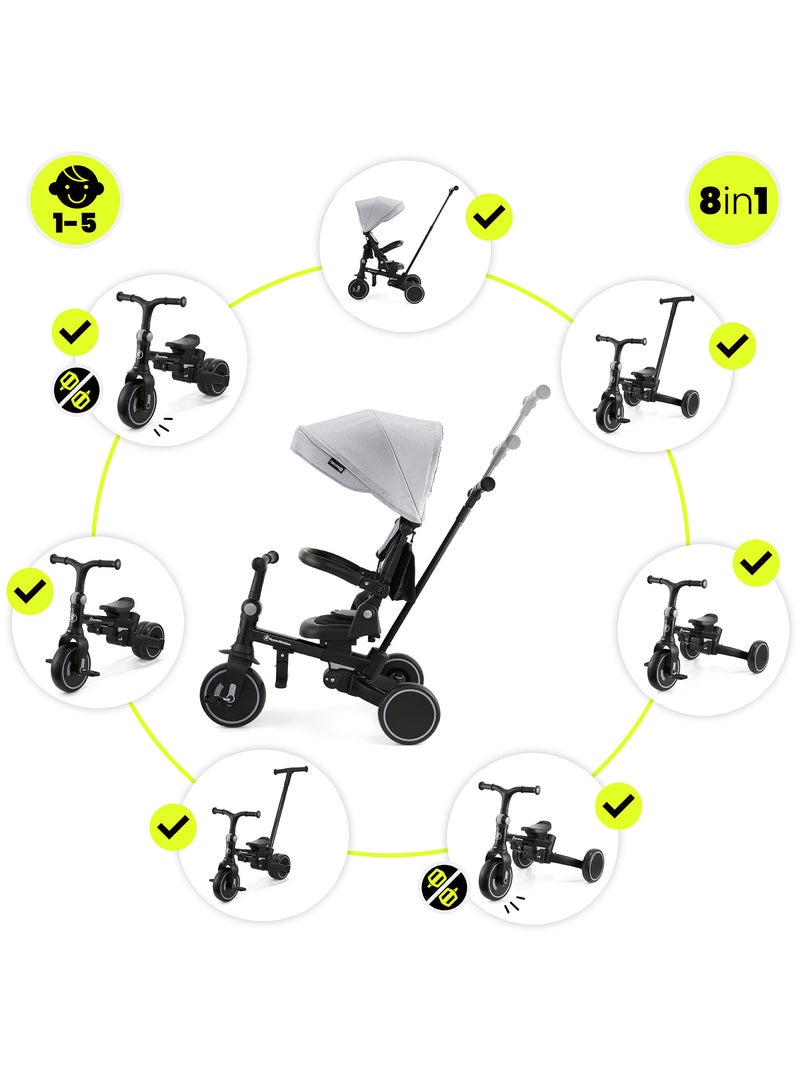 Triciclo evolutivo 8 en 1 para bebé con capota, empuje, asiento giratorio y ruedas EVA 1-5 años Gris - Kiabi