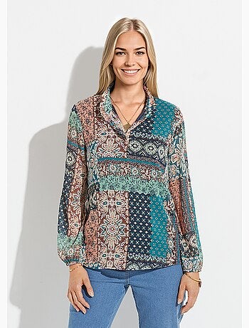 Túnica con cuello con volantes en crepe voile y estampado patchwork - Afibel