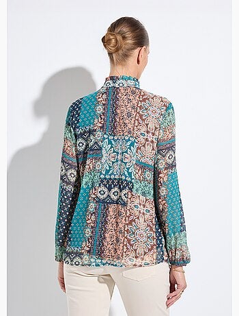 Túnica con cuello con volantes en crepe voile y estampado patchwork - Afibel