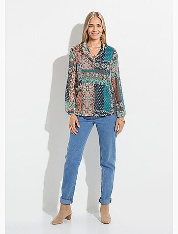 Túnica con cuello con volantes en crepe voile y estampado patchwork - Afibel