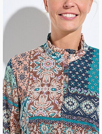 Túnica con cuello con volantes en crepe voile y estampado patchwork - Afibel