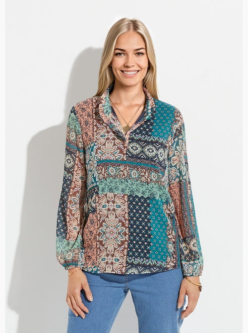 Túnica con cuello con volantes en crepe voile y estampado patchwork - Afibel - Kiabi Túnica con cuello con volantes en crepe voile y estampado patchwork - Afibel - Kiabi