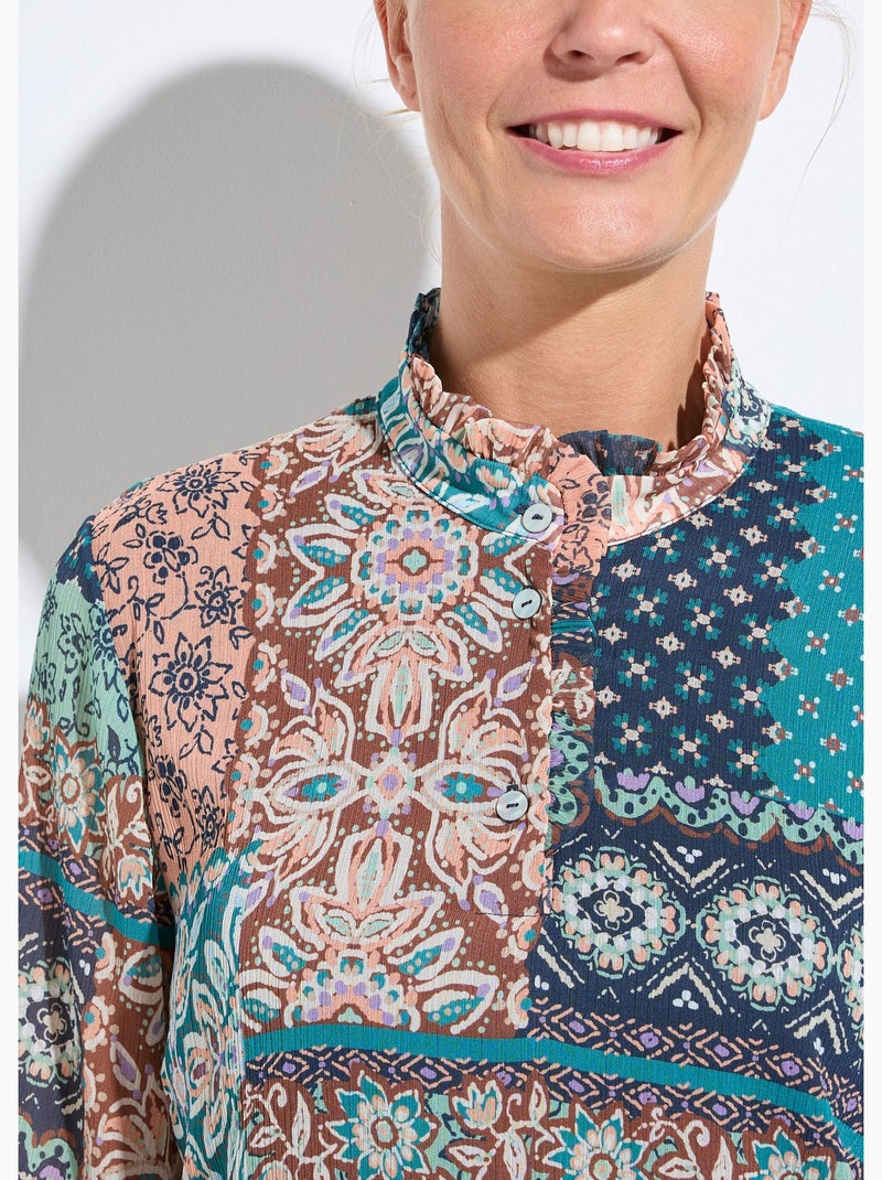 Túnica con cuello con volantes en crepe voile y estampado patchwork - Afibel Verde - Kiabi