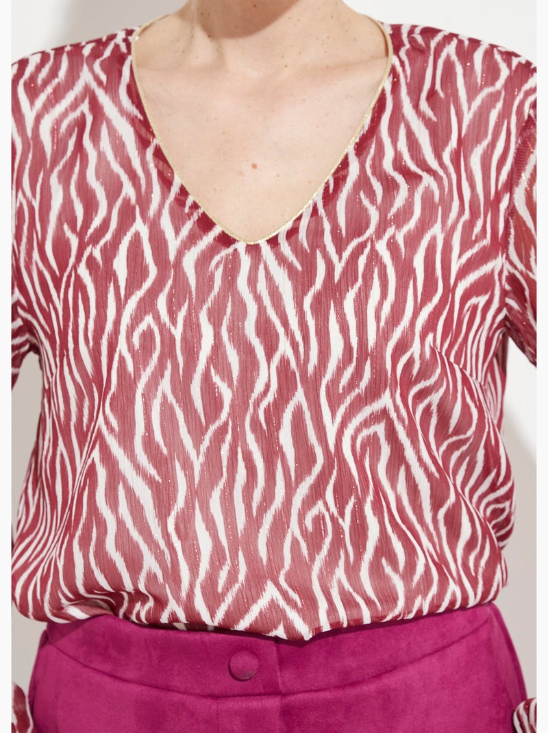 Túnica con cuello en V y forro de voile estampado Rojo burdeos - Kiabi