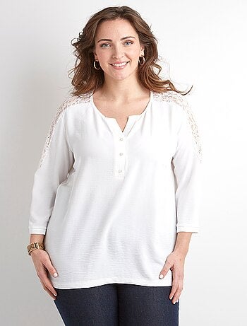 Túnica de encaje con botones y cuello en V manga 3/4 - Afibel