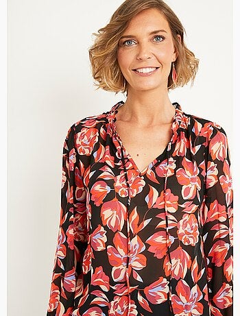 Túnica de gasa con estampado de flores y lazos en V en el cuello - AFIBEL