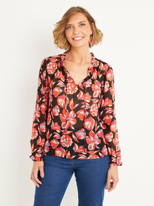 Túnica de gasa con estampado de flores y lazos en V en el cuello - AFIBEL - Kiabi
