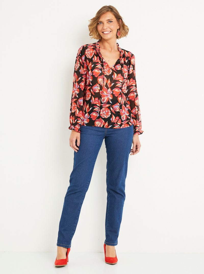 Túnica de gasa con estampado de flores y lazos en V en el cuello - AFIBEL Negro - Kiabi