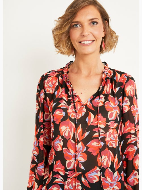 Túnica de gasa con estampado de flores y lazos en V en el cuello - AFIBEL - Kiabi