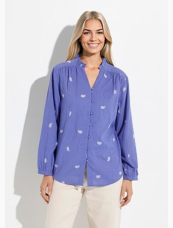 Túnica de gasa de algodón bordada con cuello con volantes - AFIBEL