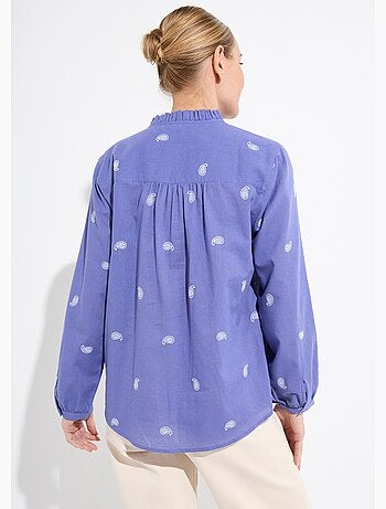 Túnica de gasa de algodón bordada con cuello con volantes - AFIBEL