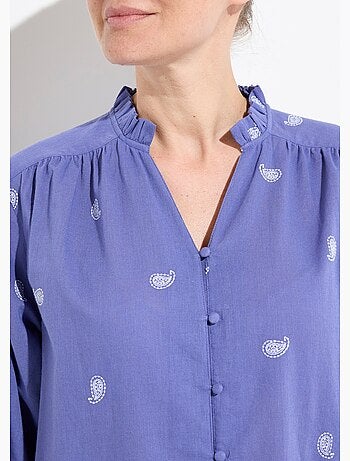 Túnica de gasa de algodón bordada con cuello con volantes - AFIBEL