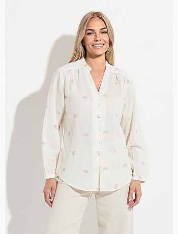 Túnica de gasa de algodón bordada con cuello con volantes - AFIBEL