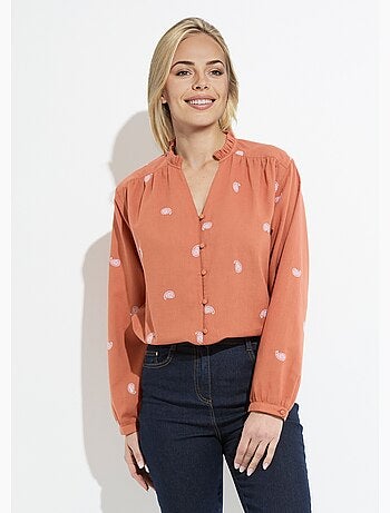 Túnica de gasa de algodón bordada con cuello con volantes - AFIBEL