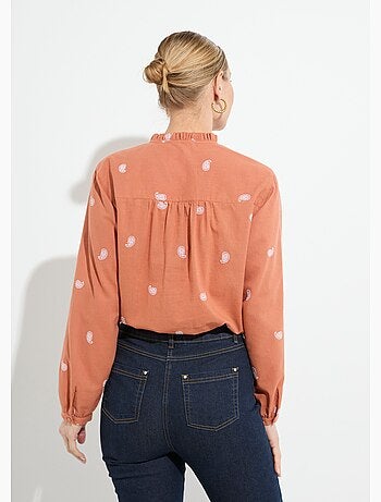 Túnica de gasa de algodón bordada con cuello con volantes - AFIBEL