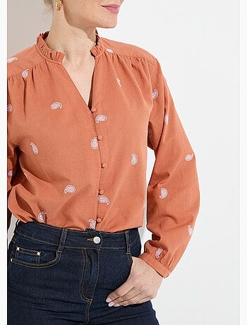 Túnica de gasa de algodón bordada con cuello con volantes - AFIBEL