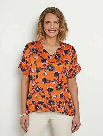 Túnica de satén con volantes y estampado floral - Afibel