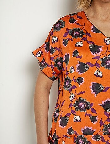Túnica de satén con volantes y estampado floral - Afibel