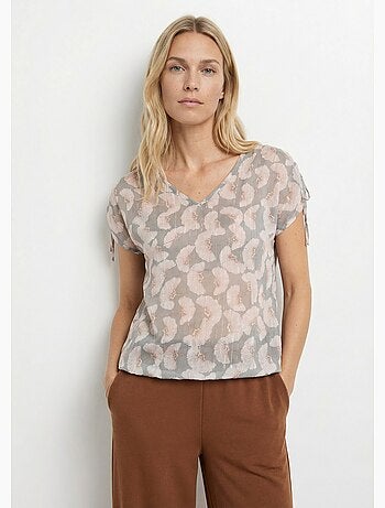 Túnica de voile con hilo metalizado y estampado de ginkgo. - Afibel