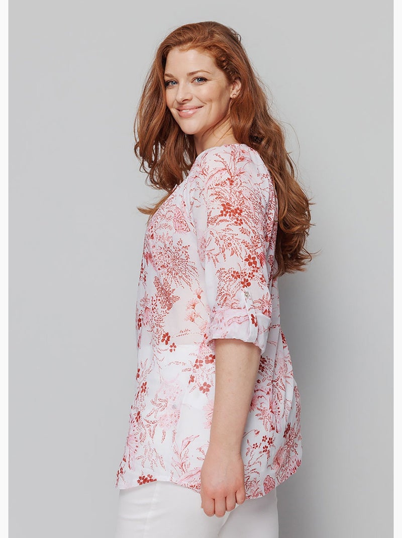 Túnica holgada con botones y gasa estampada - AFIBEL Blanco Rosa - Kiabi