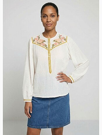 Túnica holgada de gasa de algodón con bordado y botones - Afibel