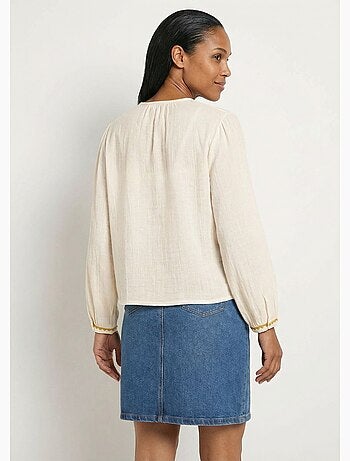 Túnica holgada de gasa de algodón con bordado y botones - Afibel