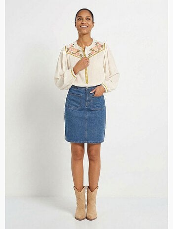 Túnica holgada de gasa de algodón con bordado y botones - Afibel