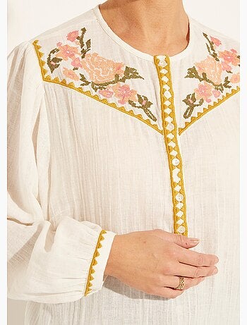 Túnica holgada de gasa de algodón con bordado y botones - Afibel