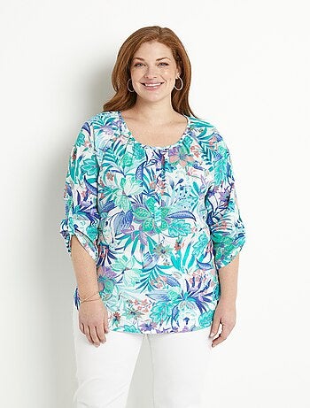 Túnica holgada de voile de algodón estampado con mangas 3/4 - afibel