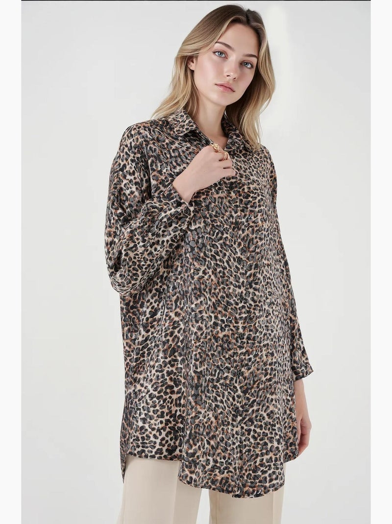 Túnica larga abotonada de leopardo bdart Marrón oscuro - Kiabi