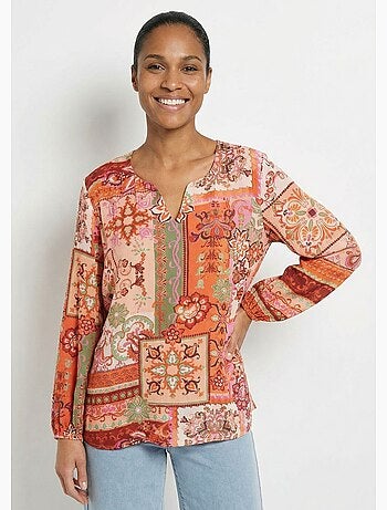 Túnica larga con escote en pico y voile estampado patchwork - Afibel